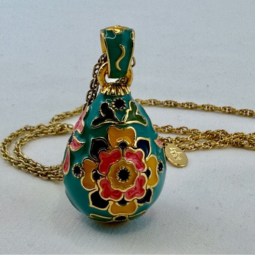 Vintage Joan Rivers enamel floral egg pendant